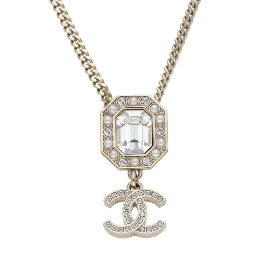 Chanel CC Logo Line Stone Faux Pearl Necklace