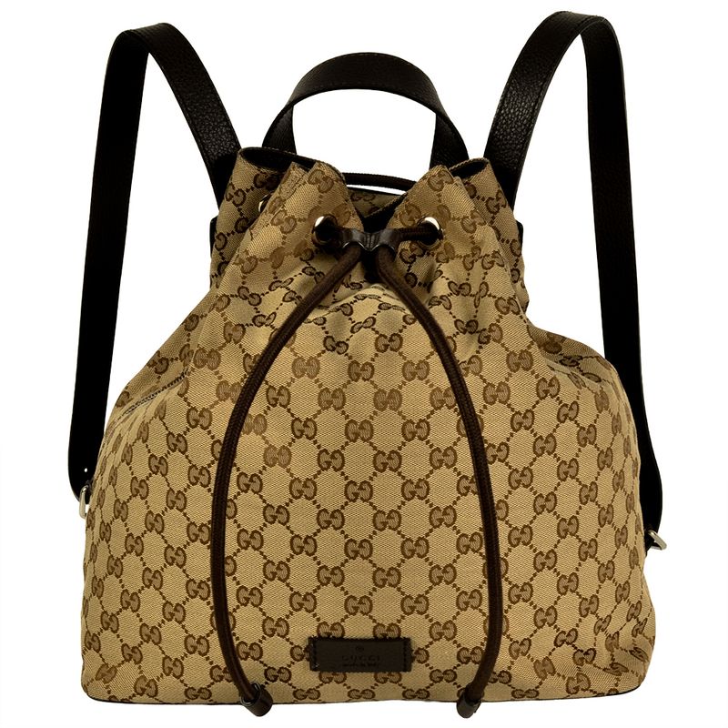 Gucci Backpack GG Canvas Leather Beige Silver Hardware Drawstring Shape
