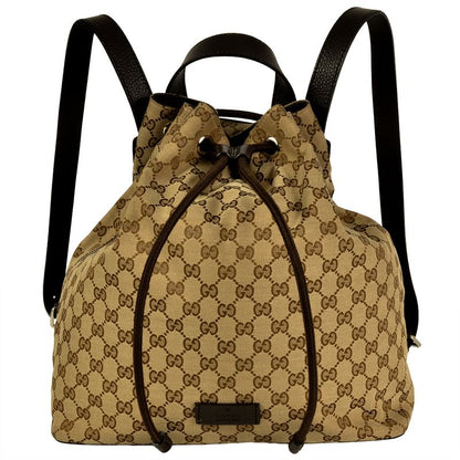 Gucci Backpack GG Canvas Leather Beige Silver Hardware Drawstring Shape