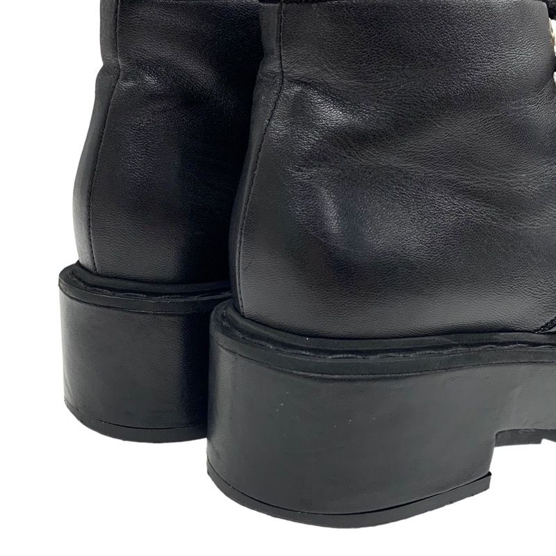 Chanel Boots Short Boots Shoes Here Mark Lace Up Pearl Leather Patent Black