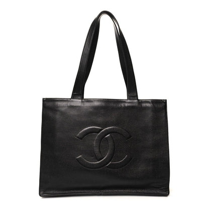 CHANEL Classic CC Caviar Logo Shoulder Tote Bag Black Leather Purse