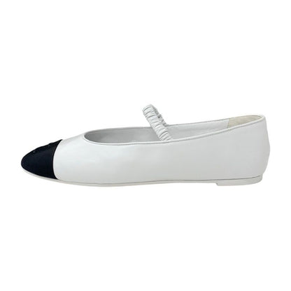 Chanel Flat Shoes Leather Fabric White Black White Mary Jane Here Mark Ballet
