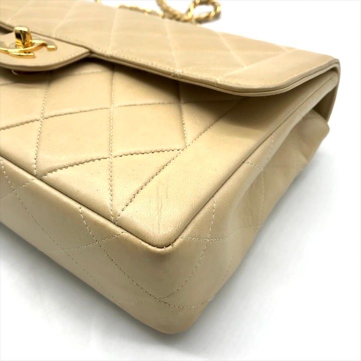 Chanel CC Logo Quilted Lambskin Straight Flap Beige Chain Shoulder Bag