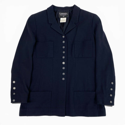 Chanel Vintage Long Jacket Tailored CC Logo Button 42 Dark Navy Wool — view 2