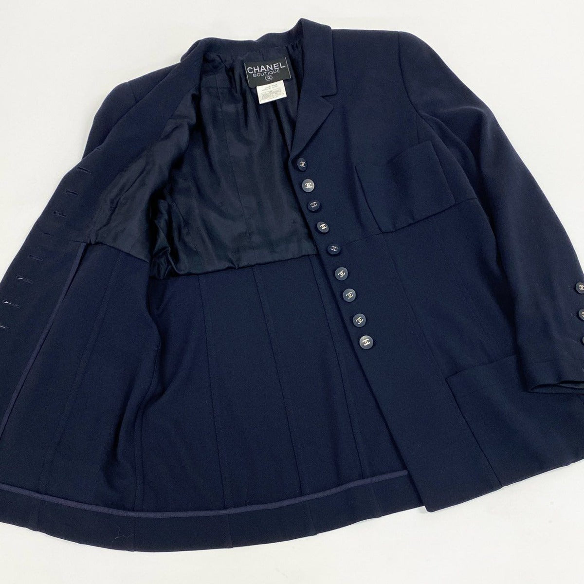 Chanel Vintage Long Jacket Tailored CC Logo Button 42 Dark Navy Wool — view 4