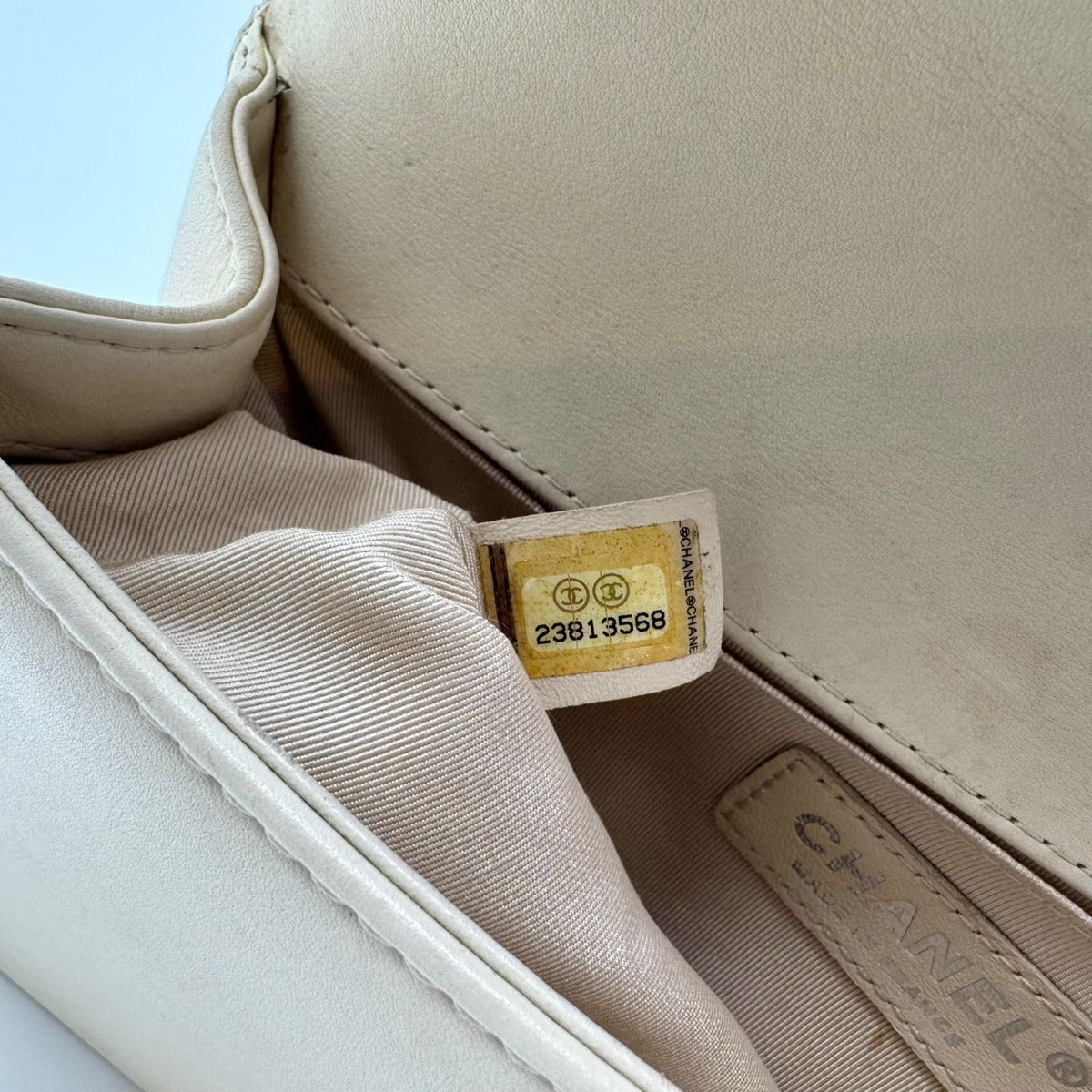 Chanel Shoulder Bag Boy Stitch CC Logo Leather Ivory with Shield Silver — view 14