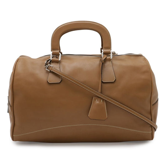 Prada Mini Boston Bag 2-Way Shoulder Leather Camel Light Brown Silver