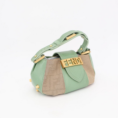 Fendi Beige Green Zucca Canvas Leather Baguette Shoulder Bag