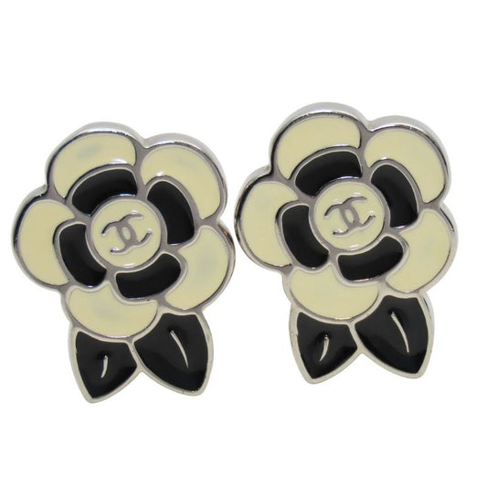 Chanel Earring Coco Mark Metal Silver Black Cream Camellia 05P Accessories