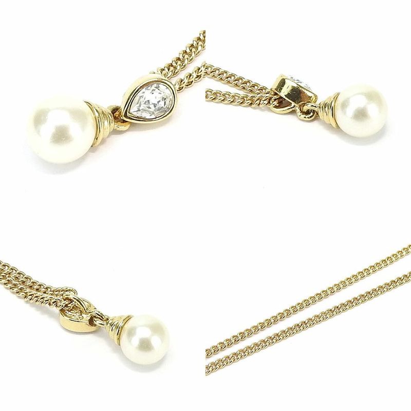 Christian Dior Necklace Faux Pearl Stone Gold GP Plated Jewelry Accessories