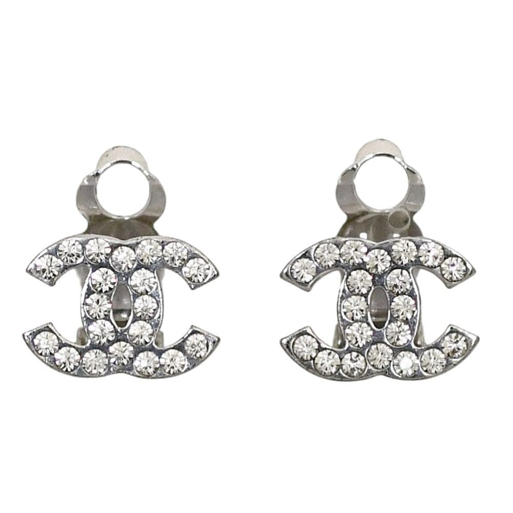 Chanel Earrings CC Logo 07 Metal Rhinestone Silver