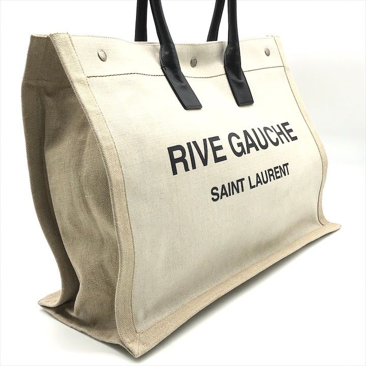 Saint Laurent Rive Gauche Canvas Leather Tote Beige Large Capacity Travel