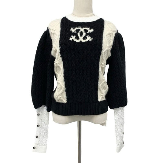 Chanel Top Wool Black White Coco Mark Knit Sweater