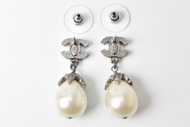 Chanel Earrings Pearl Motif Coco Rhinestone Silver