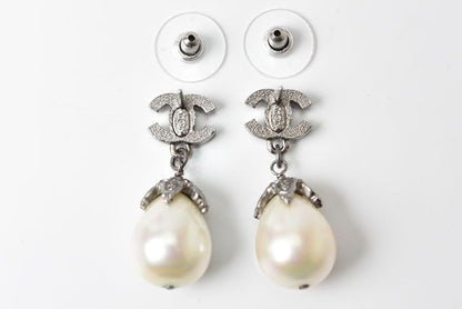 Chanel Earrings Pearl Motif Coco Rhinestone Silver