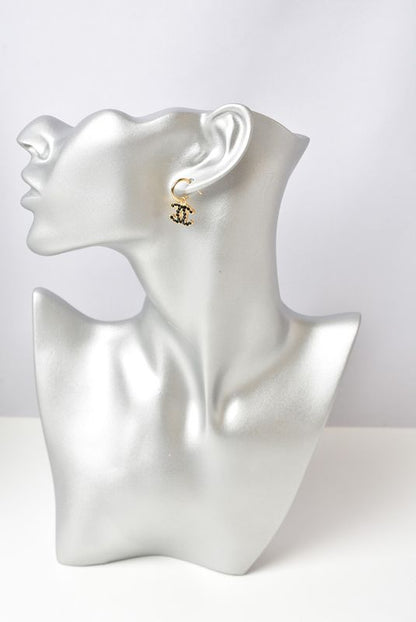 Chanel Earrings Chanel Logo CC Coco Mark Swing Rhinestone Black Gold