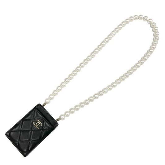 Chanel Card Case Holder Pass Black Gold Coco Mark Quilted Pearl