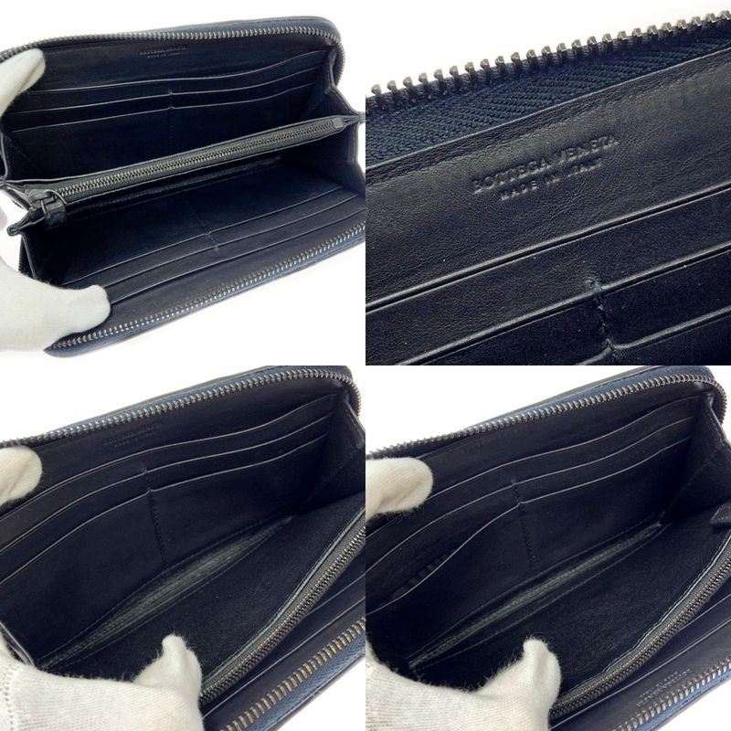 Bottega Veneta Leather Intreccio Imperatore Round Zipper Long Wallet Black