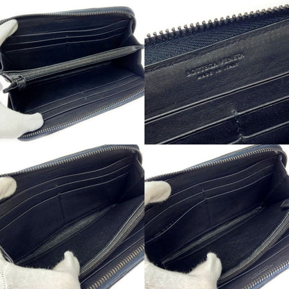 Bottega Veneta Leather Intreccio Imperatore Round Zipper Long Wallet Black