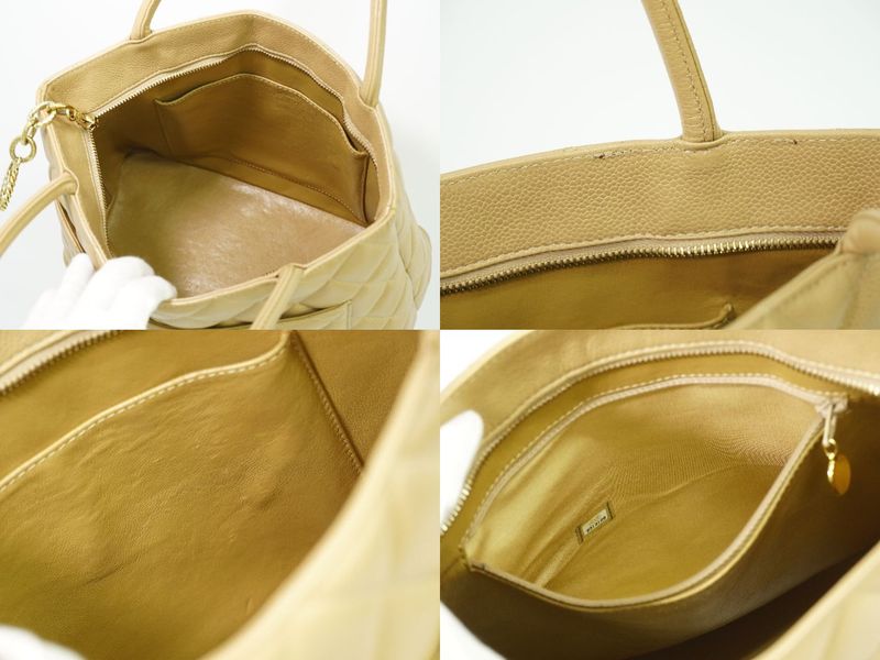 Authentic Chanel Coco Mark Revival Tote Handbag Caviar Skin Leather Beige Coco