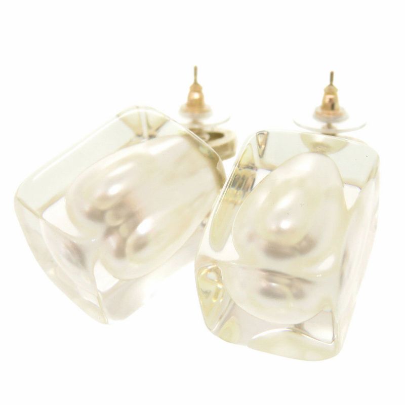 Chanel Coco Mark Faux Pearl Plastic Stone Gold Earrings 0563 Chanel