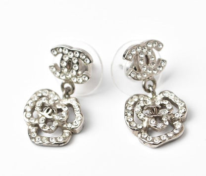 Chanel Earrings Coco Mark Camellia Swing Rhinestone Silver