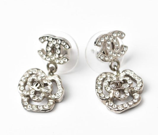 Chanel Earrings Coco Mark Camellia Swing Rhinestone Silver