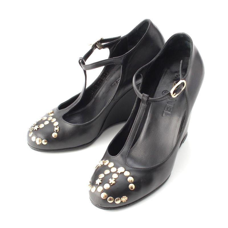 Chanel Coco Mark Bijoux Studded Heel Shoes Pumps Black 37