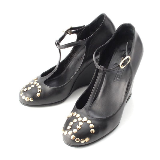Chanel Coco Mark Bijoux Studded Heel Shoes Pumps Black 37