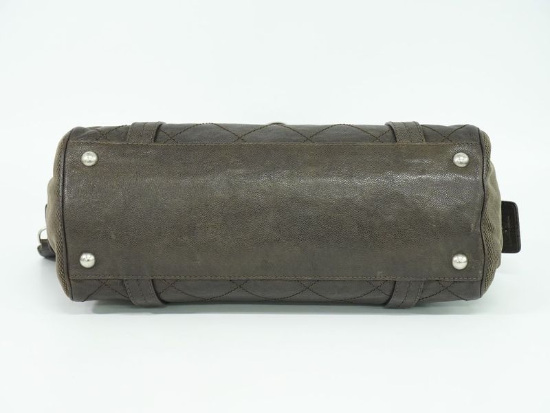 Authentic Chanel Caviar Skin Leather Canvas Shoulder Bag Tote Bag Brown Bag