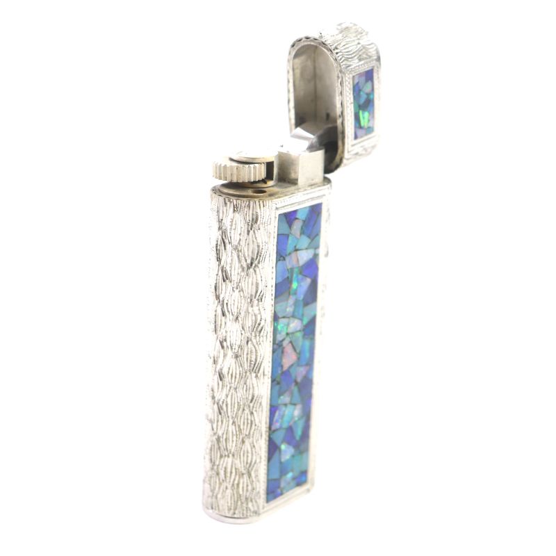 Cartier Oval Opal Mosaic Outer Jacket Roller Gas Lighter Silver Blue Men's