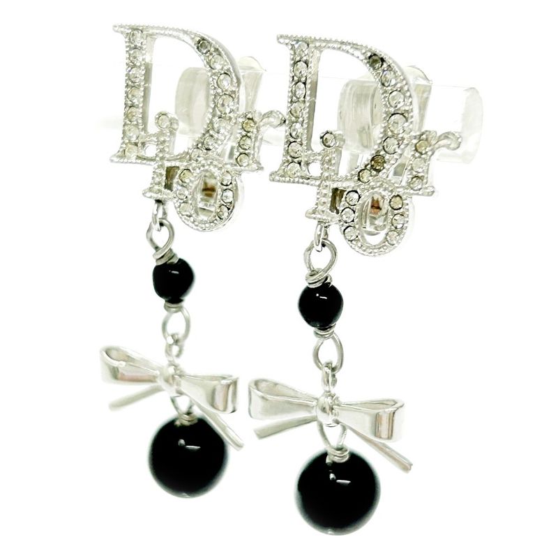 Christian Dior Metal Rhinestone Dior Logo Swing Ribbon Earrings Silver 291225