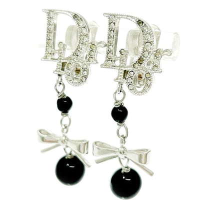 Christian Dior Metal Rhinestone Dior Logo Swing Ribbon Earrings Silver 291225
