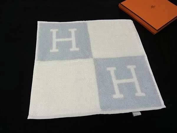 Hermes H Logo 100% Cotton Handkerchief Mini Towel White And Light Blue Ay5212