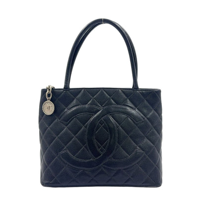 Chanel CC Logo Reprint Caviar Leather Black Tote Silver