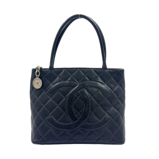 Chanel CC Logo Reprint Caviar Leather Black Tote Silver