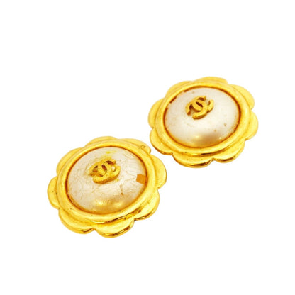Chanel Earrings Vintage CC Logo Flower Motif Gold Plated Faux Pearl — view 2