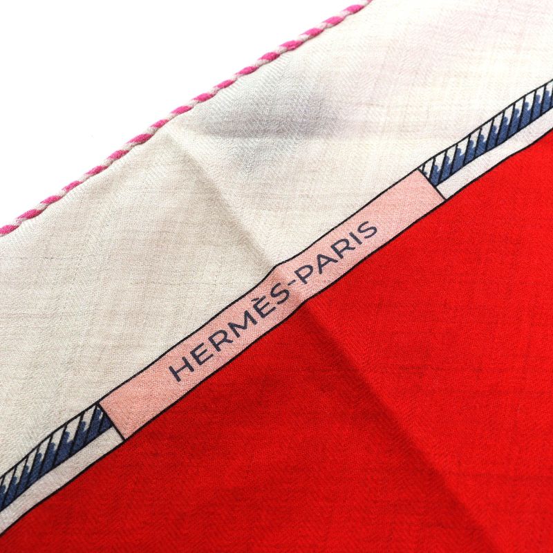 Hermes Triangle Géant Foldable Covered Carriage Cashmere Silk Naturel/rouge/bleu