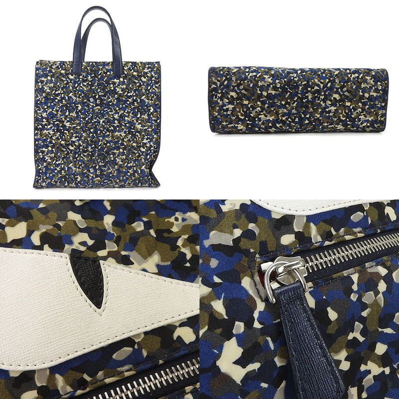 Fendi Tote Bag Bugs 7va367 Nylon Leather Navy Silver Hardware Monster Chamois