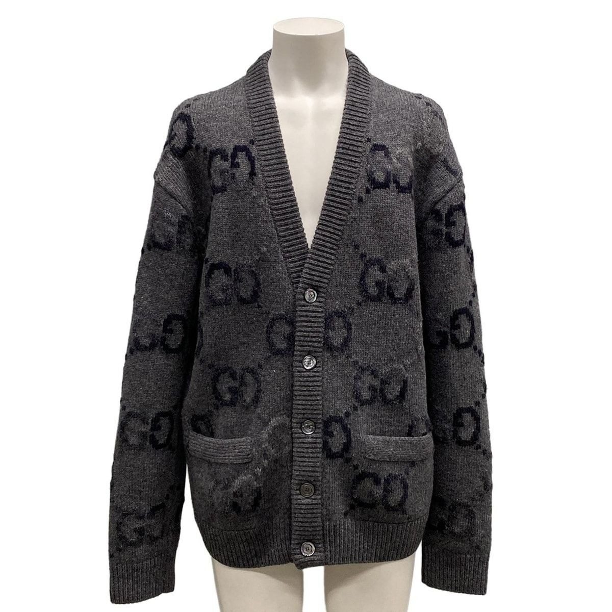 Gucci Cardigan L Gray Dark Long Sleeve GG Pattern Wool