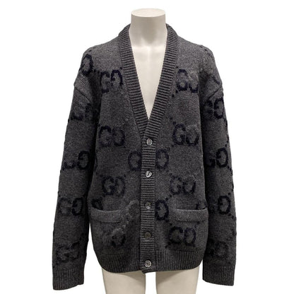 Gucci Cardigan L Gray Dark Long Sleeve GG Pattern Wool
