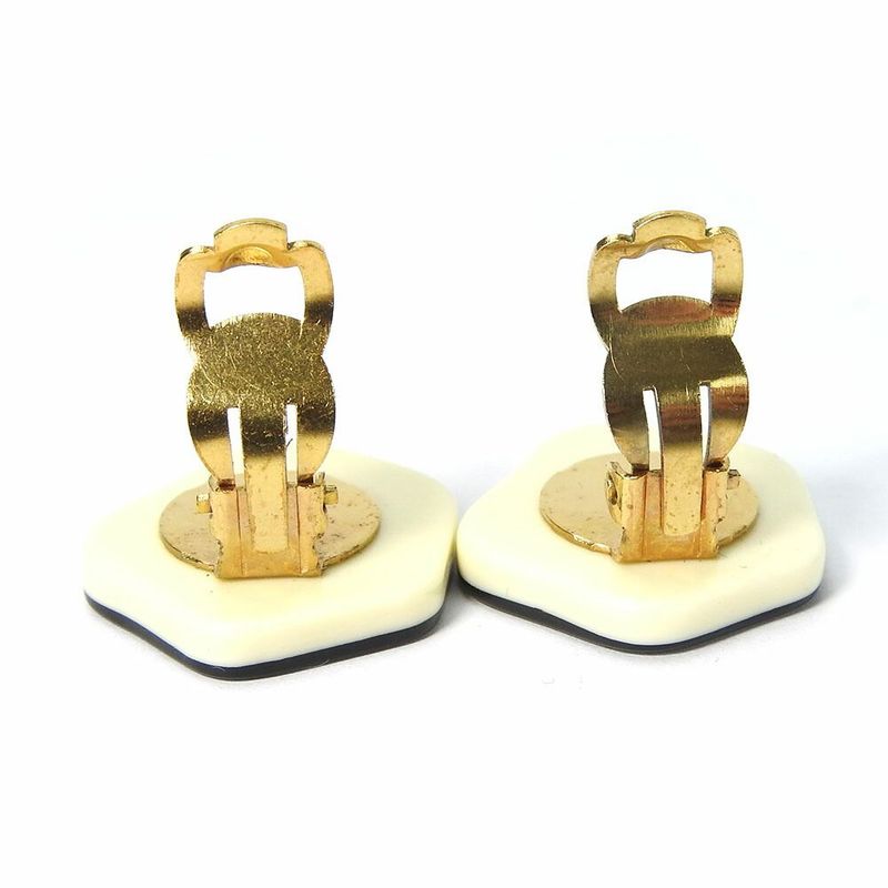 Chanel Earring Camellia Coco Mark White Black Gold Plated GP 03P Accessory