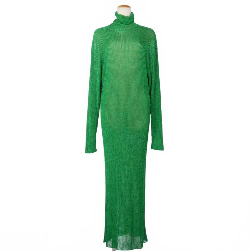 Balenciaga 21 SS Glitter Lame Rib Knit Turtleneck Dress XS Green