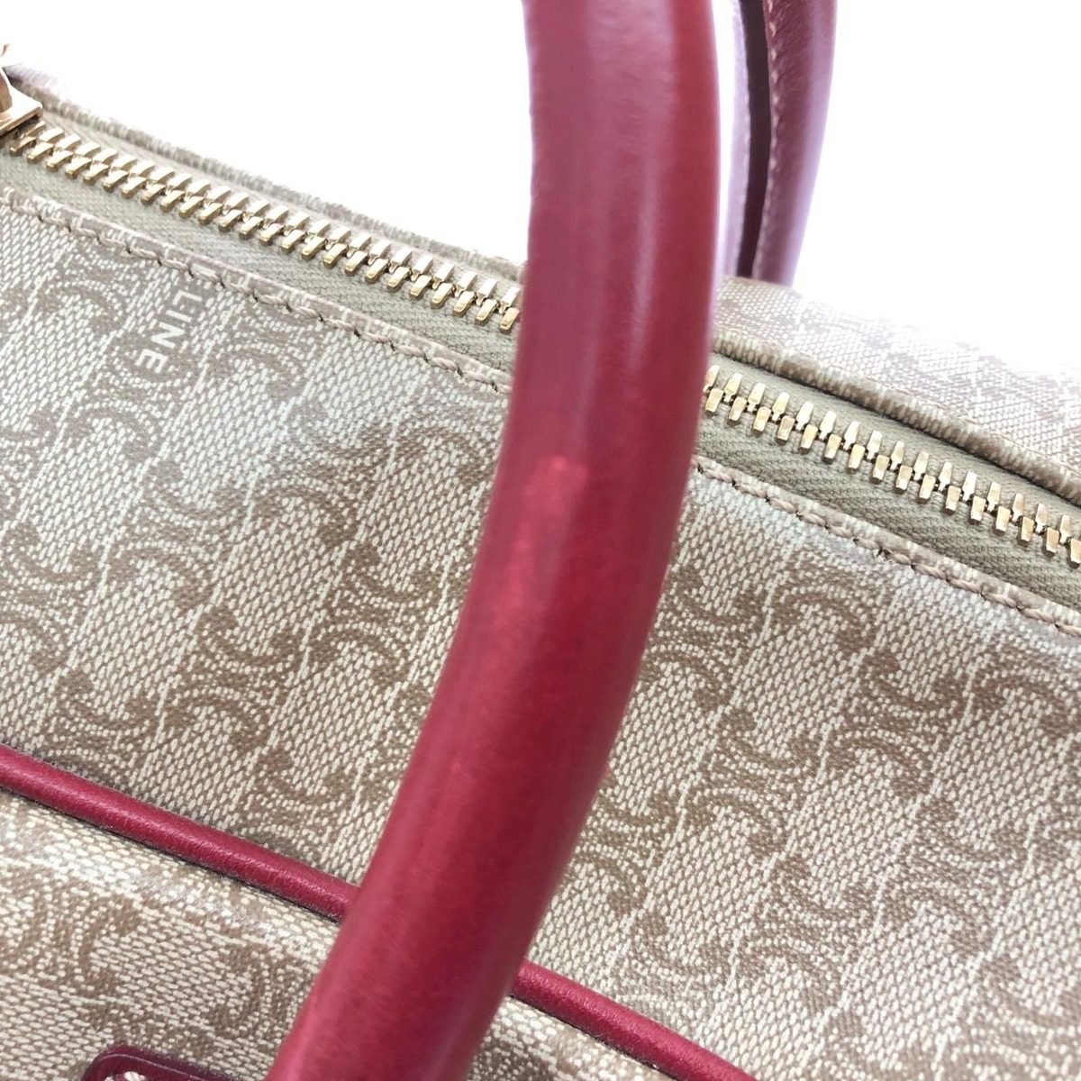Celine Vintage Macadam Leather Boston Bag 2-Way 14 Beige Red — view 8