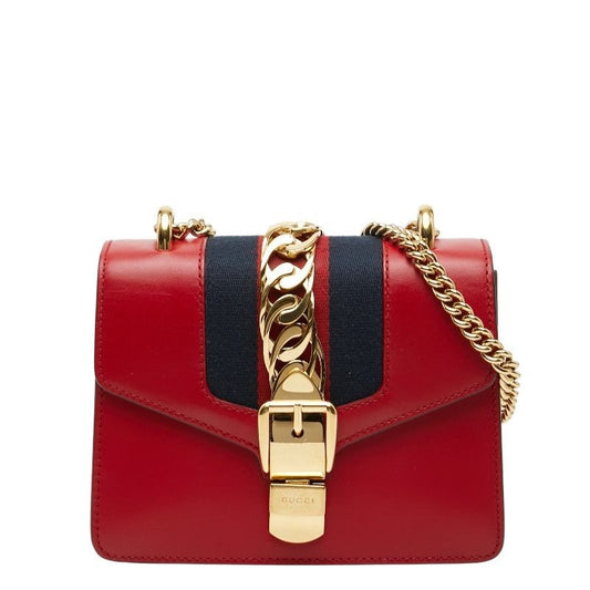 Gucci Sherry Line Sylvie Small Crossbody Chain Shoulder Bag Red Leather