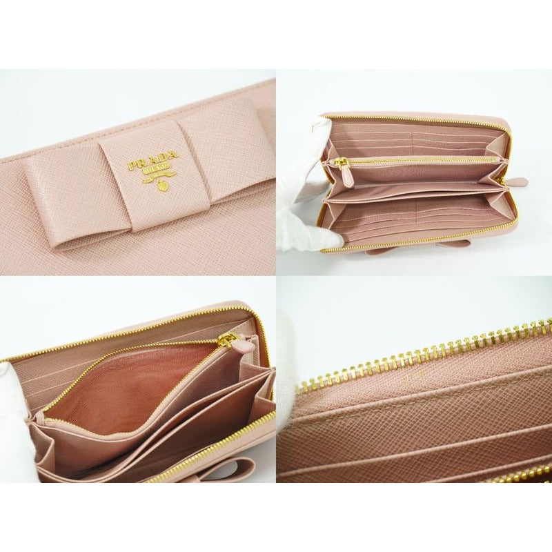 Prada Ribbon Round Zipper Long Wallet Leather Pink — view 8