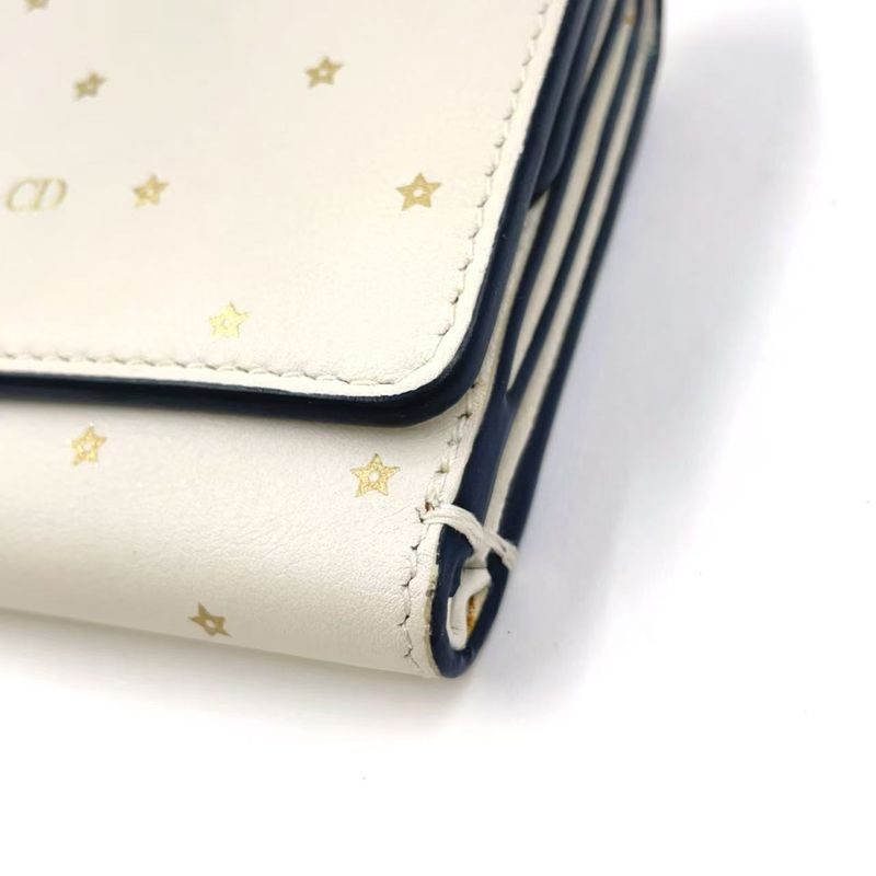 Christian Dior Star Pattern Trifold Leather White Wallet Gold