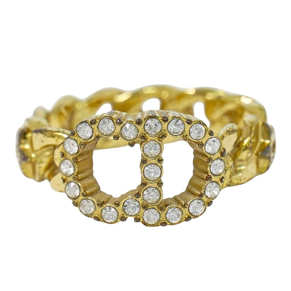 Dior CD Logo Rhinestone Ring S Gold Plated