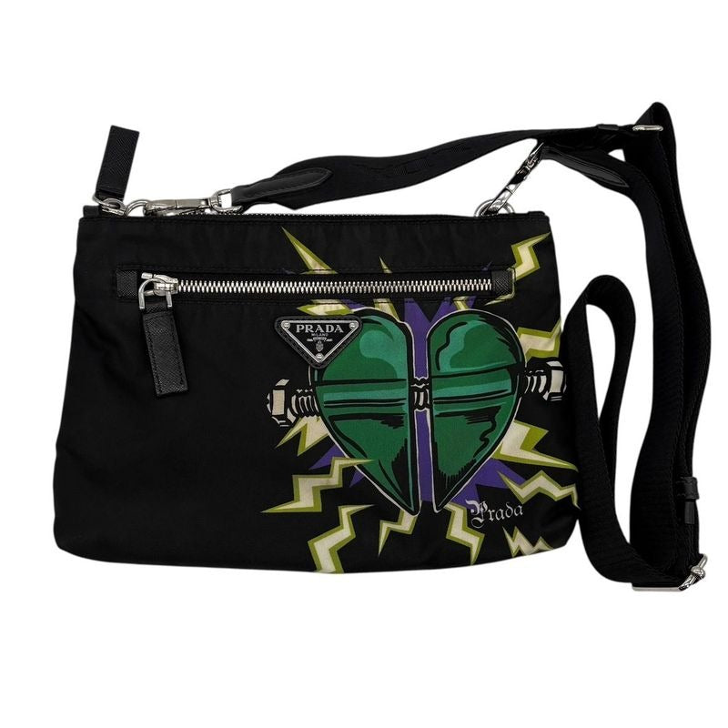 Prada Shoulder Bag Triangle Logo Nylon Universal Frankenstein Silver 3158