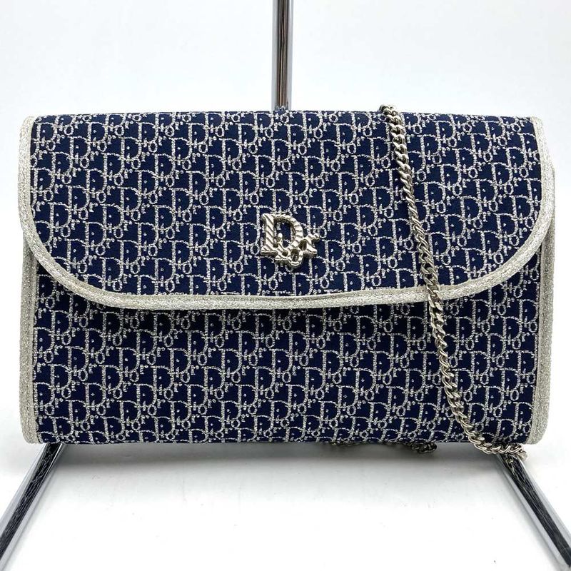Christian DIOR Chain Shoulder Bag Lame Thread Canvas Navy Women
